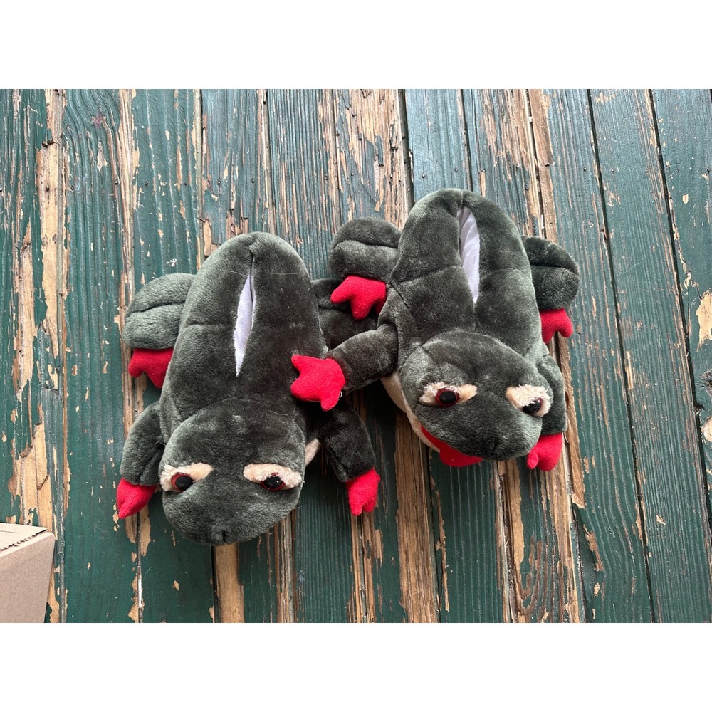 Vintage Novelty Frog Plush‎ Slippers Green Red Animal House Shoes Size M 7-8